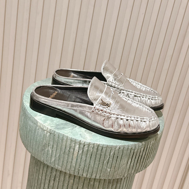 YSL 25S LOAFER MULE IN SILVER CALFSKIN