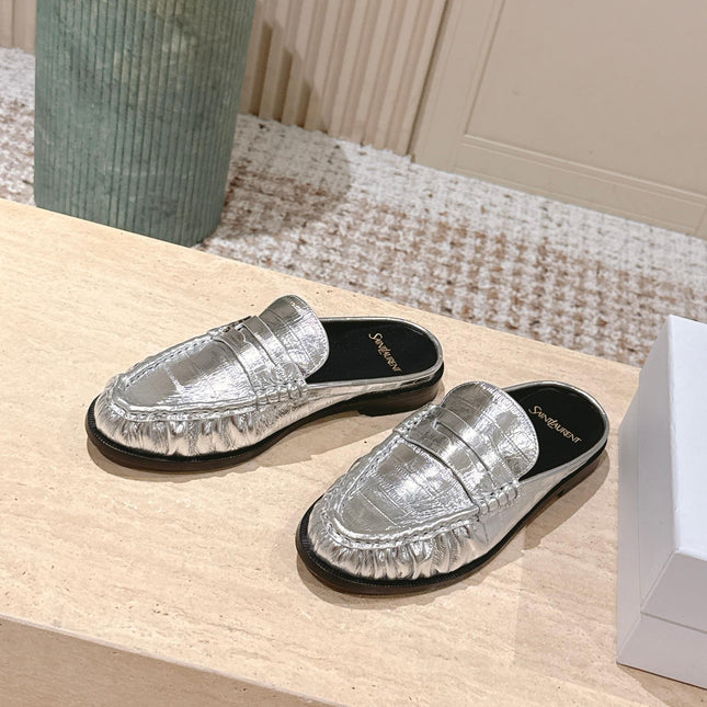 YSL 25S LOAFER MULE IN SILVER CALFSKIN