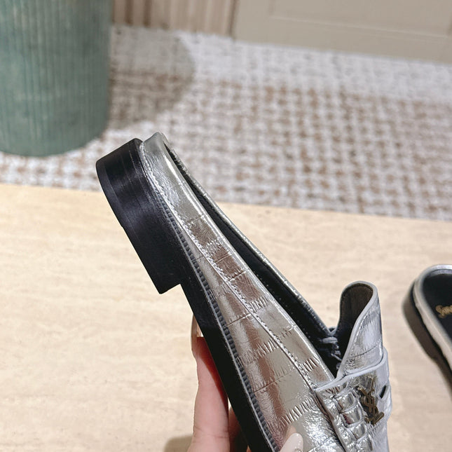 YSL 25S LOAFER MULE IN SILVER CALFSKIN