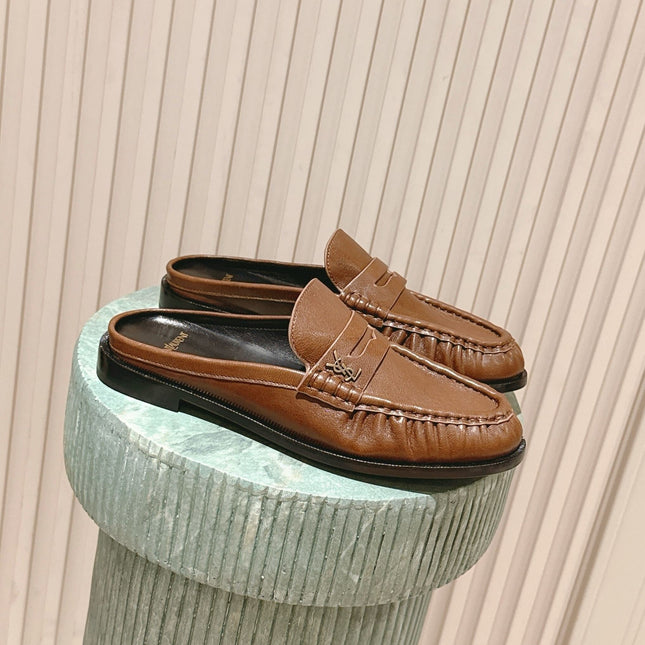 YSL 25S LOAFER MULE IN BROWN CALFSKIN
