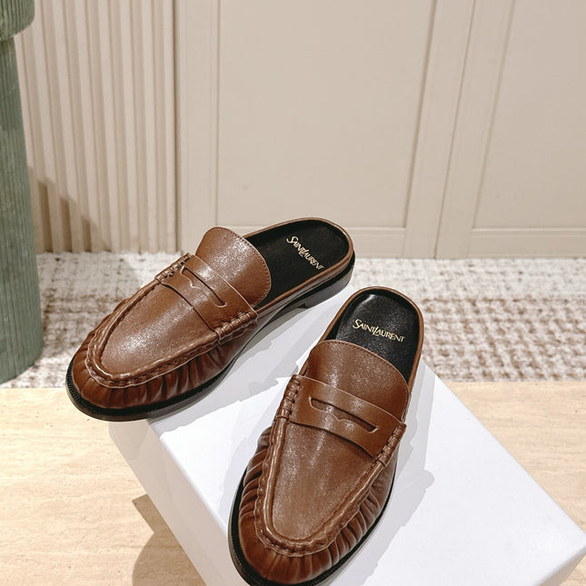 YSL 25S LOAFER MULE IN BROWN CALFSKIN
