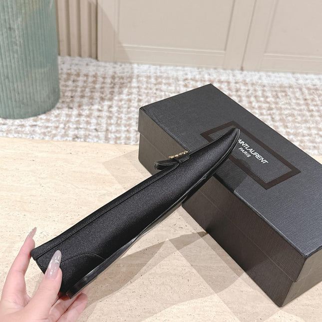 YSL 25S SAINT LAURENT POPPY BALLET FLATS IN BLACK SILK