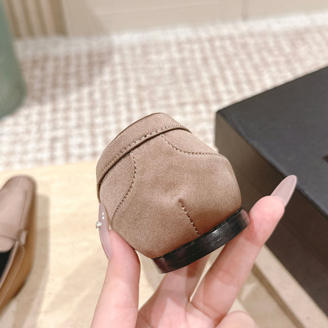 YSL 25S SAINT LAURENT POPPY BALLET FLATS IN TAUPE BROWN SILK