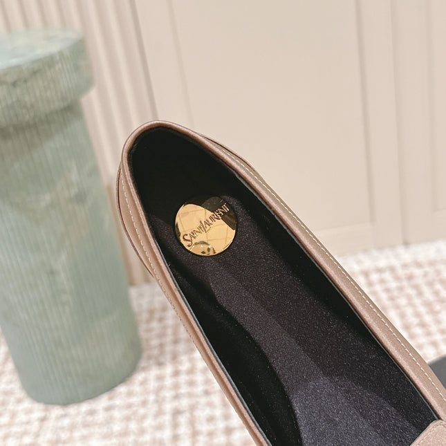 YSL 25S SAINT LAURENT POPPY BALLET FLATS IN TAUPE BROWN SILK