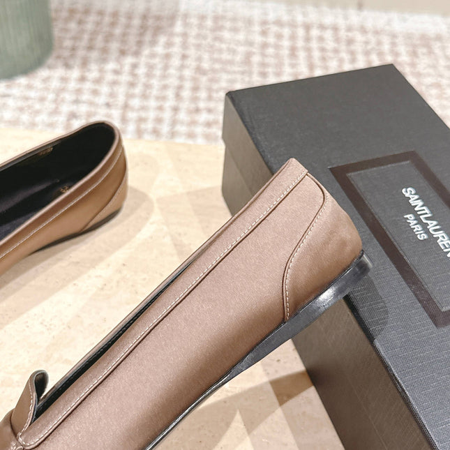 YSL 25S SAINT LAURENT POPPY BALLET FLATS IN TAUPE BROWN SILK