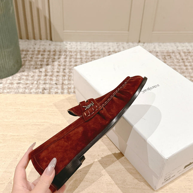 YSL 25S SAINT LAURENT LOAFERS IN DARK BRICK RED SUEDE WITH SMALL LOGO