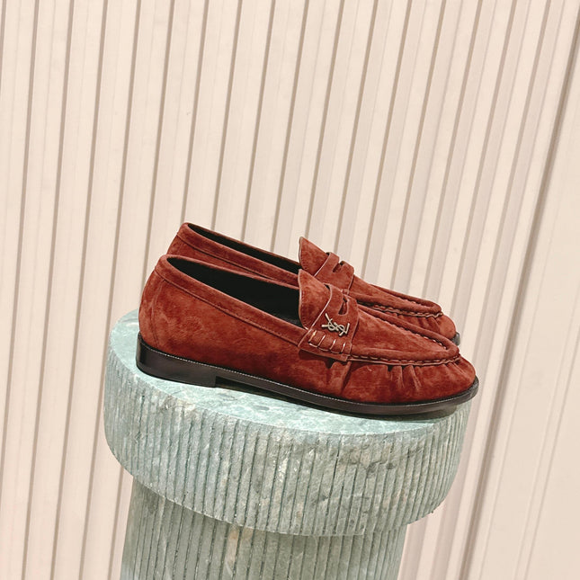 YSL 25S SAINT LAURENT LOAFERS IN DARK BRICK RED SUEDE WITH SMALL LOGO