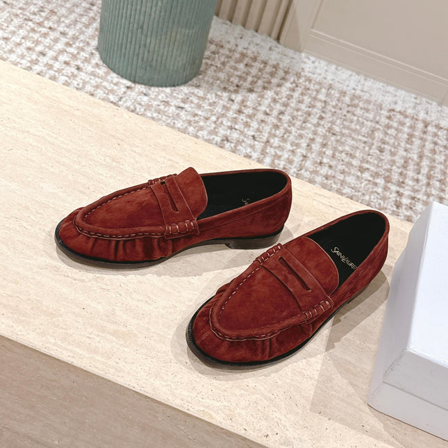 YSL 25S SAINT LAURENT LOAFERS IN DARK BRICK RED SUEDE WITH SMALL LOGO