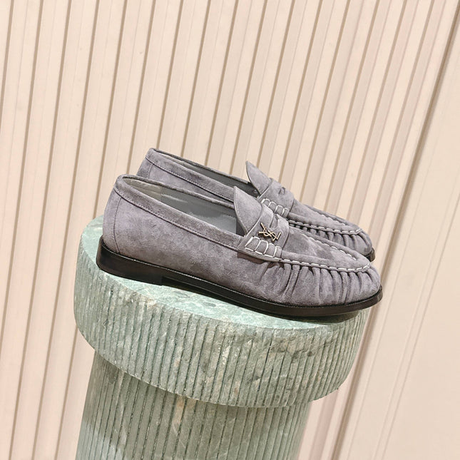 YSL 25S SAINT LAURENT LOAFERS IN GRAY SUEDE WITH SMALL LOGO