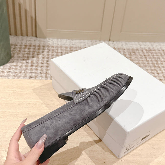 YSL 25S SAINT LAURENT LOAFERS IN GRAY SUEDE WITH SMALL LOGO