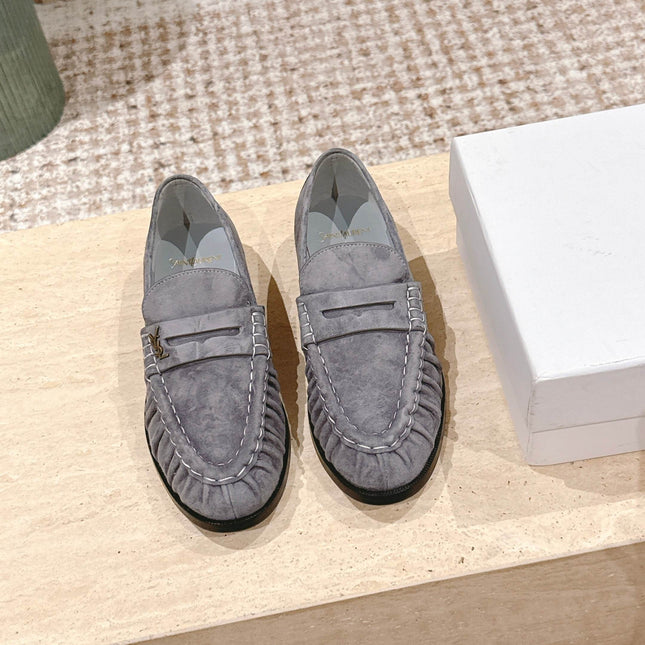 YSL 25S SAINT LAURENT LOAFERS IN GRAY SUEDE WITH SMALL LOGO