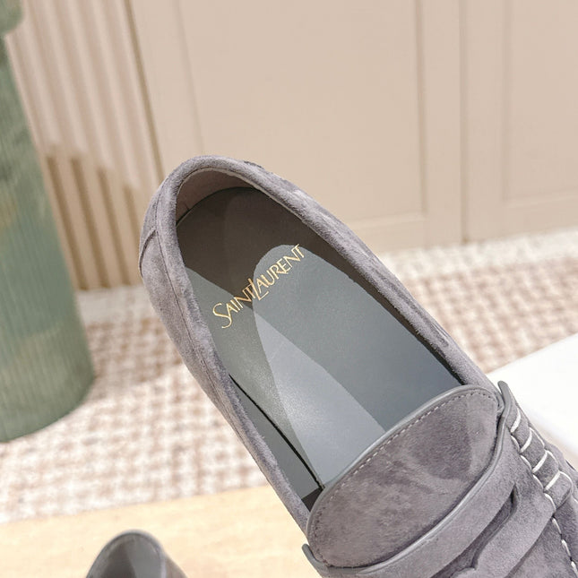 YSL 25S SAINT LAURENT LOAFERS IN GRAY SUEDE WITH SMALL LOGO