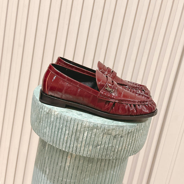 YSL 25S SAINT LAURENT LOAFERS IN DARK RED GLOSSY CALFSKIN WITH SMALL LOGO
