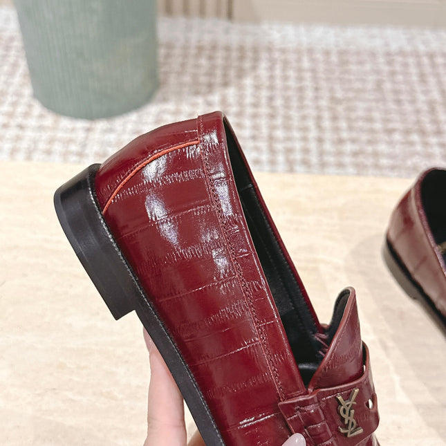 YSL 25S SAINT LAURENT LOAFERS IN DARK RED GLOSSY CALFSKIN WITH SMALL LOGO