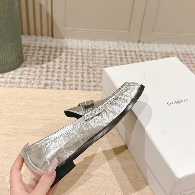 YSL 25S SAINT LAURENT LOAFERS IN SILVER CALFSKIN WITH SMALL LOGO