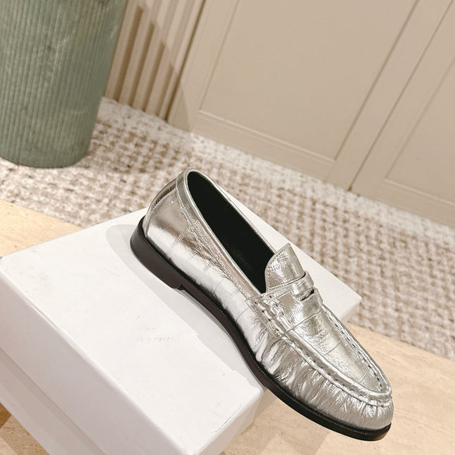 YSL 25S SAINT LAURENT LOAFERS IN SILVER CALFSKIN WITH SMALL LOGO