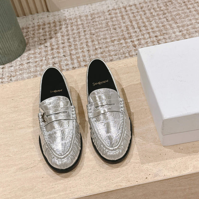 YSL 25S SAINT LAURENT LOAFERS IN SILVER CALFSKIN WITH SMALL LOGO