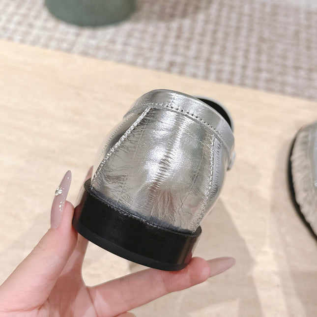 YSL 25S SAINT LAURENT LOAFERS IN SILVER CALFSKIN WITH SMALL LOGO