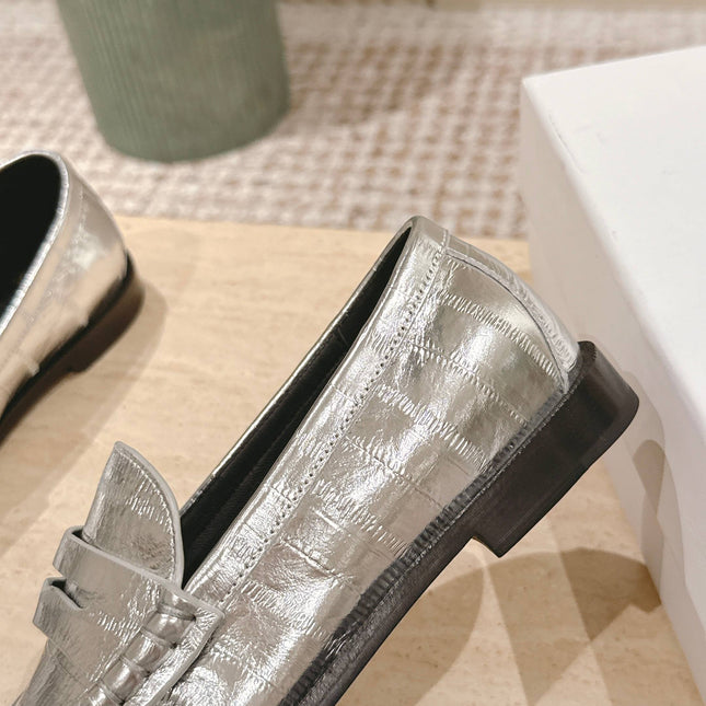 YSL 25S SAINT LAURENT LOAFERS IN SILVER CALFSKIN WITH SMALL LOGO