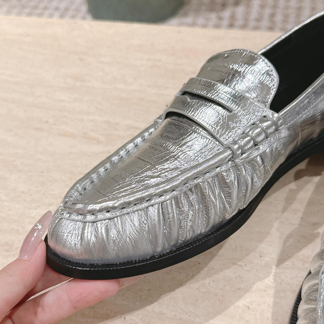 YSL 25S SAINT LAURENT LOAFERS IN SILVER CALFSKIN WITH SMALL LOGO