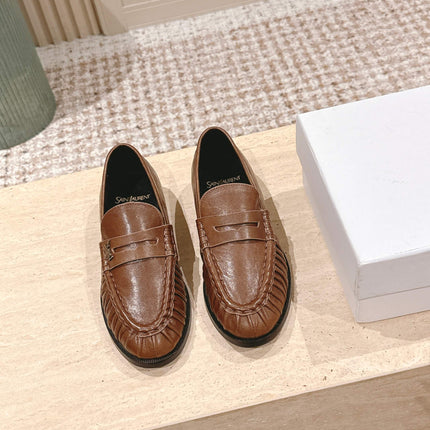 YSL 25S SAINT LAURENT LOAFERS IN BROWN CALFSKIN WITH SMALL LOGO