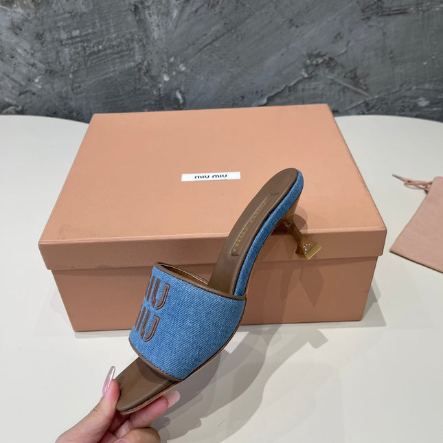 CARAMEL HIGH HEEL WITH AZURE BLUE STRAPS