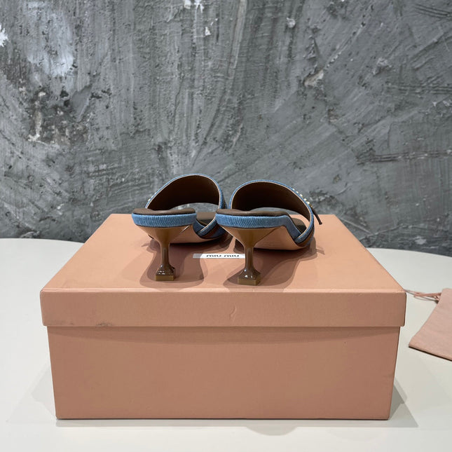 CARAMEL HIGH HEEL WITH BLUE STRAPS AND CARAMEL BELT