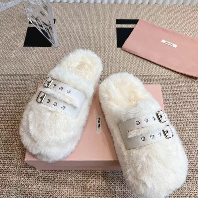 MULES IN WHITE RABBIT FUR SILVER HARDWARE