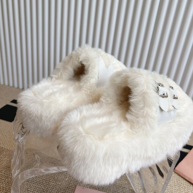 MULES IN WHITE RABBIT FUR SILVER HARDWARE