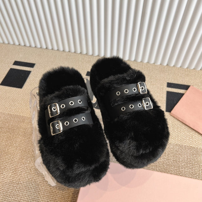 MULES IN BLACK RABBIT FUR SILVER HARDWARE