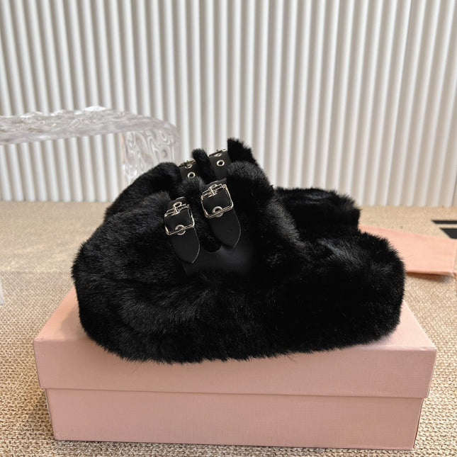 MULES IN BLACK RABBIT FUR SILVER HARDWARE