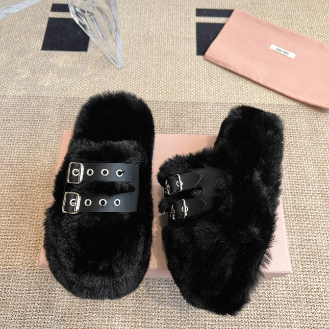 MULES IN BLACK RABBIT FUR SILVER HARDWARE