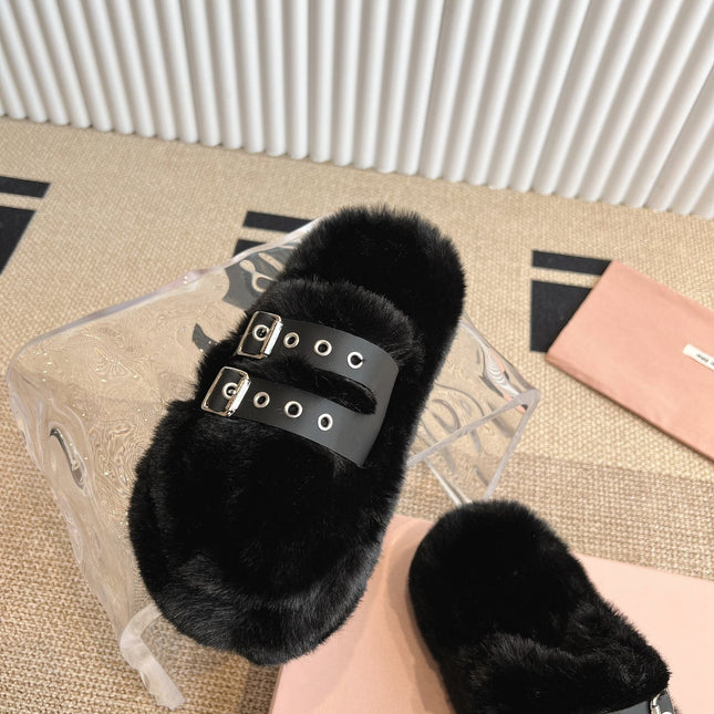MULES IN BLACK RABBIT FUR SILVER HARDWARE