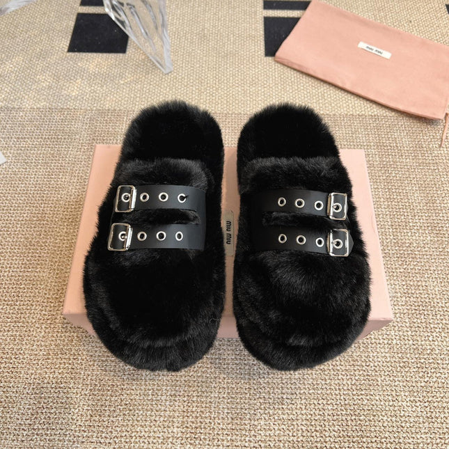 MULES IN BLACK RABBIT FUR SILVER HARDWARE