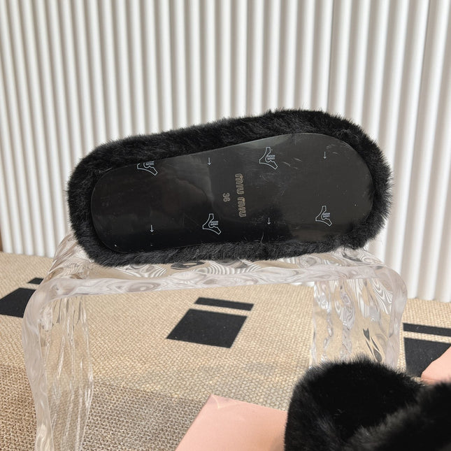 MULES IN BLACK RABBIT FUR SILVER HARDWARE