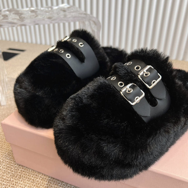MULES IN BLACK RABBIT FUR SILVER HARDWARE