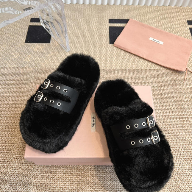 MULES IN BLACK RABBIT FUR SILVER HARDWARE