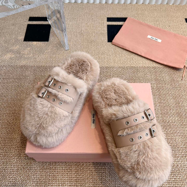 MULES IN BEIGE RABBIT FUR SILVER HARDWARE