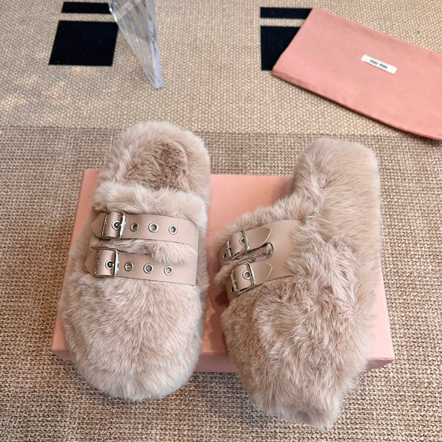MULES IN BEIGE RABBIT FUR SILVER HARDWARE