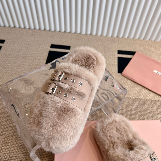 MULES IN BEIGE RABBIT FUR SILVER HARDWARE