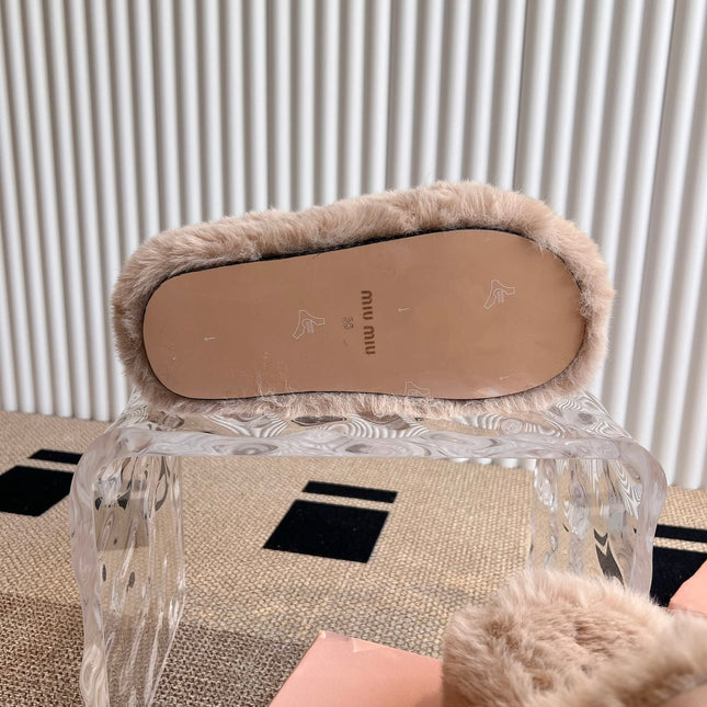 MULES IN BEIGE RABBIT FUR SILVER HARDWARE