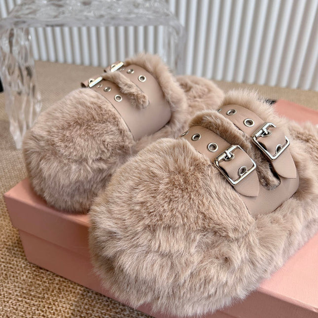 MULES IN BEIGE RABBIT FUR SILVER HARDWARE