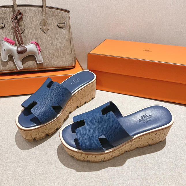 HM 25S HIGH WEDGE SANDALS IN DARK STEEL BLUE LAMBSKIN STYLE 18