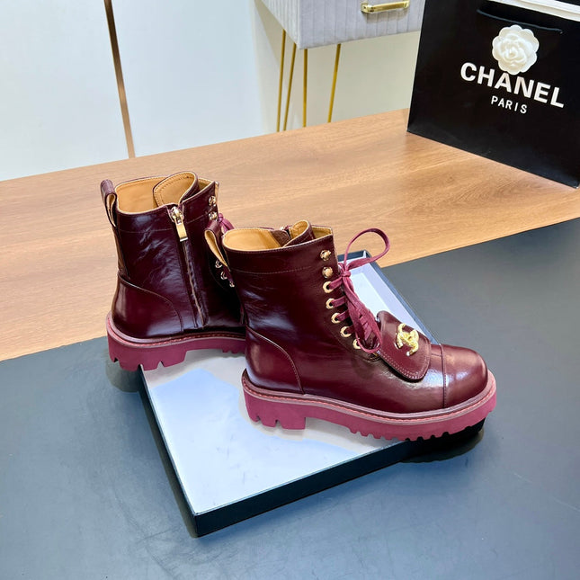 CHANEL 25S HIGH ANKLE BOOTS WITH ZIPPER IN BURGUNDY BROWN CALFSKIN GOLD HARDWRE