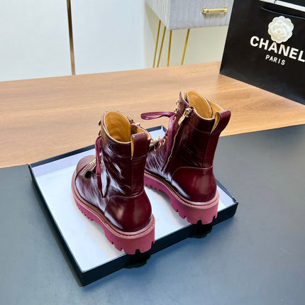 CHANEL 25S HIGH ANKLE BOOTS WITH ZIPPER IN BURGUNDY BROWN CALFSKIN GOLD HARDWRE