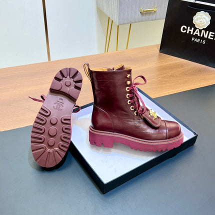 CHANEL 25S HIGH ANKLE BOOTS WITH ZIPPER IN BURGUNDY BROWN CALFSKIN GOLD HARDWRE