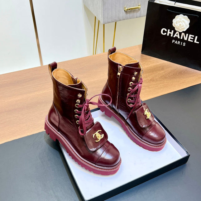 CHANEL 25S HIGH ANKLE BOOTS WITH ZIPPER IN BURGUNDY BROWN CALFSKIN GOLD HARDWRE