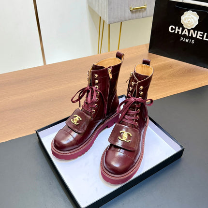 CHANEL 25S HIGH ANKLE BOOTS WITH ZIPPER IN BURGUNDY BROWN CALFSKIN GOLD HARDWRE
