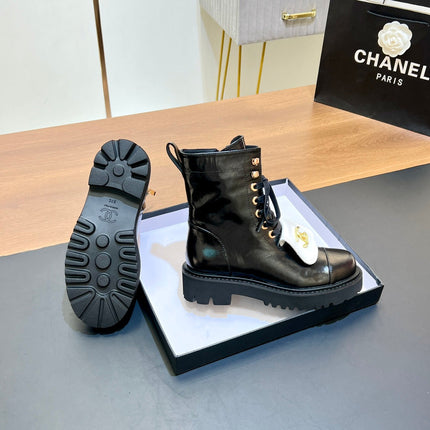 CHANEL 25S HIGH ANKLE BOOTS WITH ZIPPER IN BLACK GLOSSY CALFSKIN GOLD HARDWRE