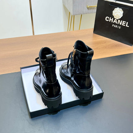 CHANEL 25S HIGH ANKLE BOOTS WITH ZIPPER IN BLACK GLOSSY CALFSKIN GOLD HARDWRE